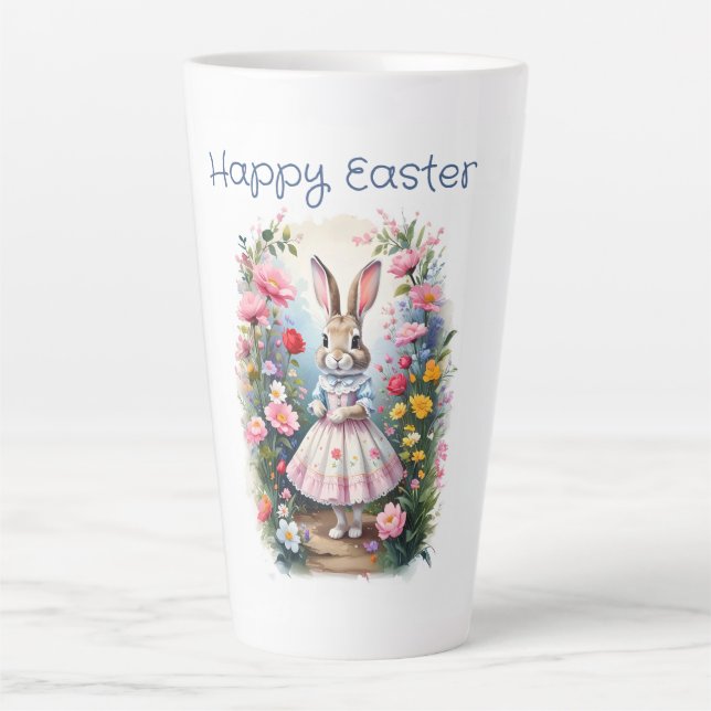 Caneca De Café Latte Coelho da Páscoa com flores Feliz Páscoa (Frente)