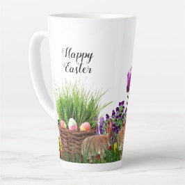 Caneca De Café Latte Coelho da Páscoa Feliz no Jardim de Tulipas 