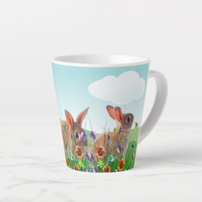 Caneca De Café Latte  Coelho da Páscoa Flores da Primavera  (Ângulo direito)