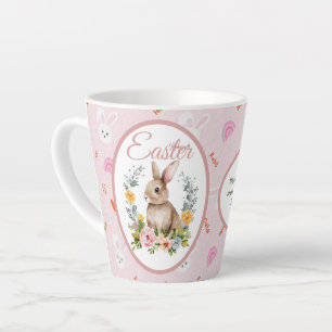 Caneca De Café Latte Coelho Floral Coroa de Água-marinha Páscoa