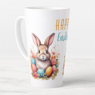 Caneca De Café Latte Coelho Fofo Ovos Coloridos Flores Feliz Páscoa