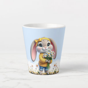 Caneca De Café Latte Coelho orelhas rosa margaridas brancas 