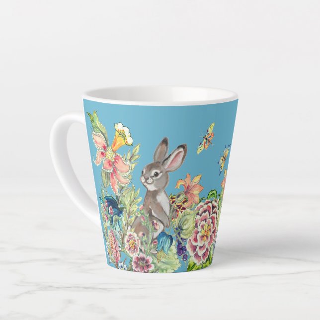 Caneca De Café Latte Coelho Whimsso Turquoise Chinoiserie Floral (Ângulo esquerdo)