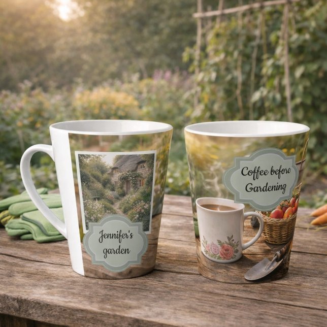 Caneca De Café Latte Coffee before gardening morning garden photo (Create your own "Coffee before gardening" morning garden photo latte mug. You can add your own photo)