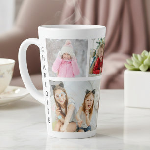 Caneca De Café Latte Colagem de 5 Fotos Personalizada Nome Moderno