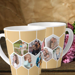 Caneca De Café Latte Colagem de Fotos Geométricas 9 Imagens Bege Mel