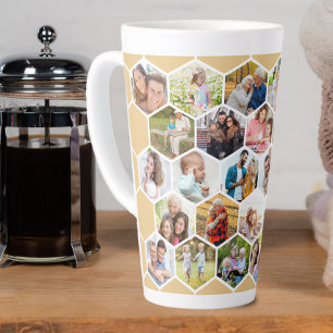 Caneca De Café Latte Colagem de Fotos Geométrico Hexágono 28 Fotos Alto