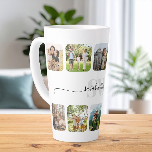 Caneca De Café Latte Colagem de Fotos Personalizada do Monograma Modern (Criador carregado)