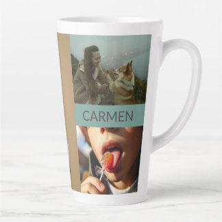 Caneca De Café Latte Colagem de Três Fotos Personalizadas e Texto