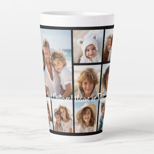 Caneca De Café Latte Colagem Quadrada de 9 Fotos Preto - com texto bran (Frente)