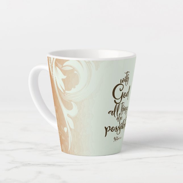 Caneca De Café Latte Com Deus, tudo é possível, Matthew 19:26 (Ângulo esquerdo)