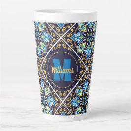 Caneca De Café Latte Com nome e iniciais em Azulejos orientais