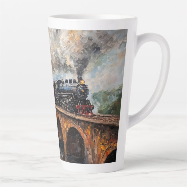 Caneca De Café Latte Comboio a vapor numa ponte - Pintura a óleo (Direita)
