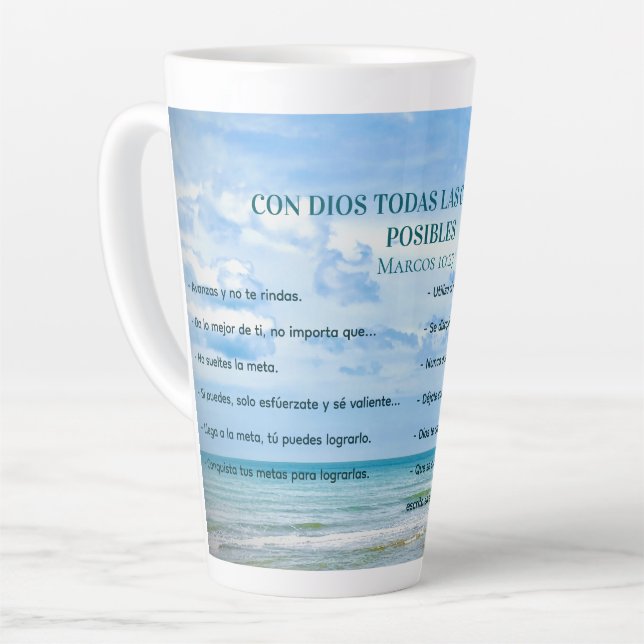 Caneca De Café Latte Con Dios Todo Possível Blue Sky Conquista Metas (Ângulo esquerdo)