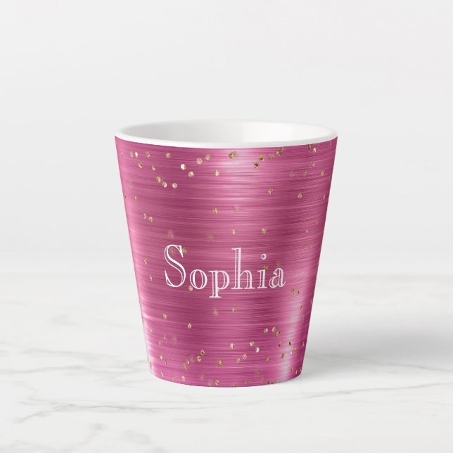 Caneca De Café Latte Confetti Dourado de brilho rosa, personalizado (Frente)