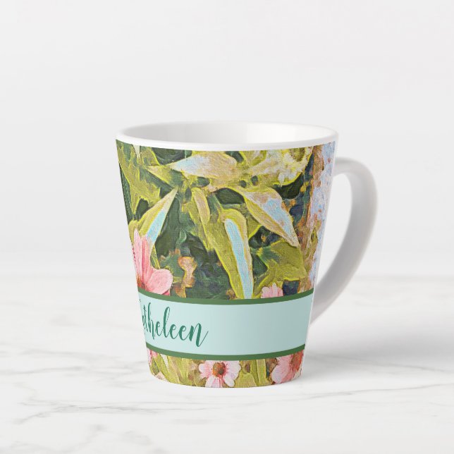 Caneca De Café Latte Confluentes Rosa Nome das Folhas Verdes Personaliz (Ângulo direito)