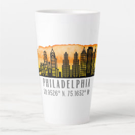 Caneca De Café Latte Coordenadas do Mapa Skyline Sunset de Filadélfia