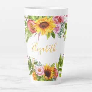 Caneca De Café Latte Cor da água Cód. Girassol Amarelo Floral Nome Gr