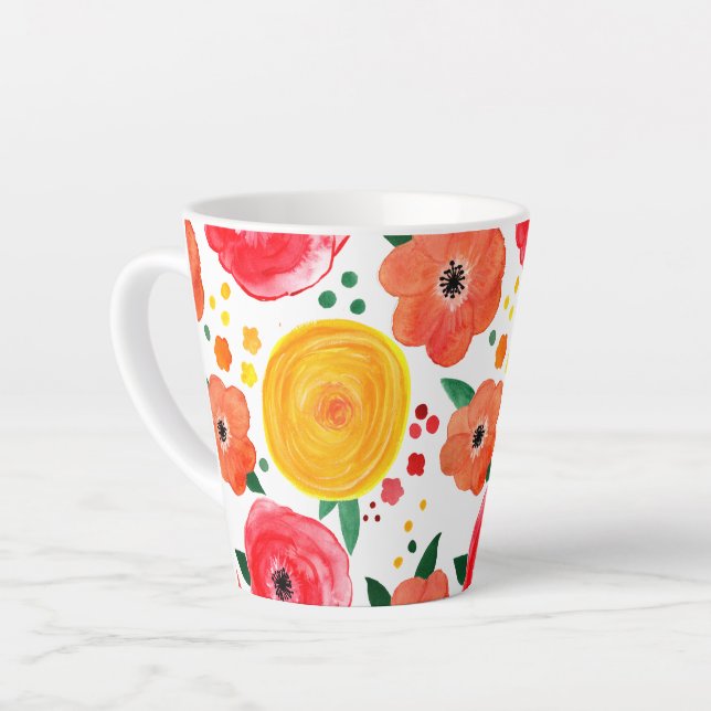 Caneca De Café Latte Cor Floral Rosa e Amarela (Ângulo esquerdo)
