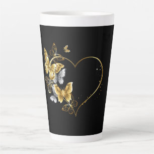 Caneca De Café Latte Coração com Borboletas Ouros
