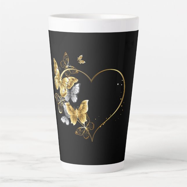 Caneca De Café Latte Coração com Borboletas Ouros (Frente)
