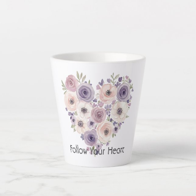 Caneca De Café Latte Coração Floral Rosa Roxo Branco (Frente)
