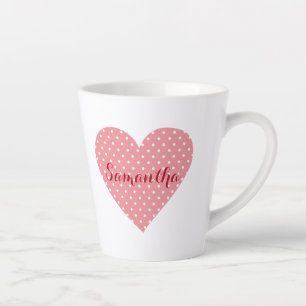 Caneca De Café Latte Coração rosa e bolinhas branca