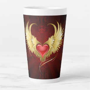 Caneca De Café Latte Coração Vermelho com Asas Ouros