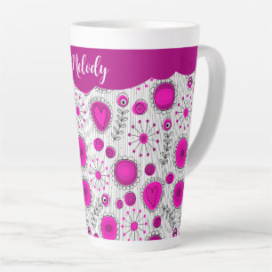 Caneca De Café Latte Corações brancos, cor-de-rosa, flores nome floral