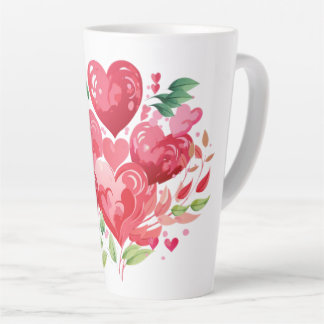 Caneca De Café Latte Corações Cor-de-Rosa e Folhas Verdes em Aquarela R