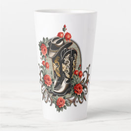 Caneca De Café Latte Corações de vaqueiro: Um poema de botas e flores.
