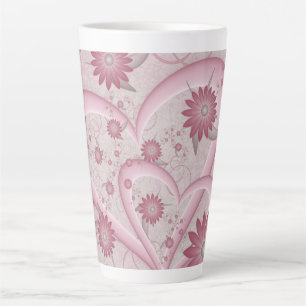 Caneca De Café Latte Corações e Flores Abstratos Rosa Arte Fractal do A