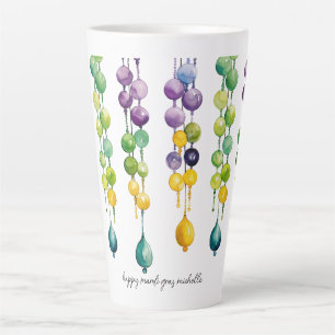 Caneca De Café Latte Cordas de Miçangas Mardi Gras em Watercolor