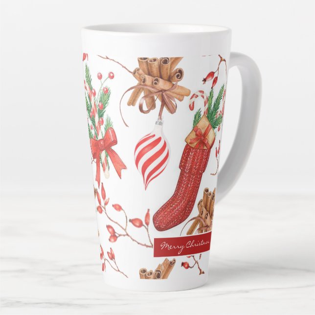 Caneca De Café Latte Cores de Natal Canela e Padrão de menta-de-menta (Ângulo direito)