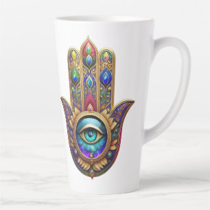 Caneca De Café Latte Cores de Pavão Dourado Hamsa Safira Verde Terceiro