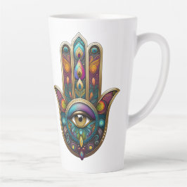 Caneca De Café Latte Cores de Pavão Hamsa com Terceiro Olho Dourado