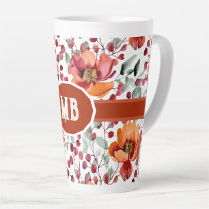Caneca De Café Latte Cores Terrosas, Flores de Outono Monogramadas