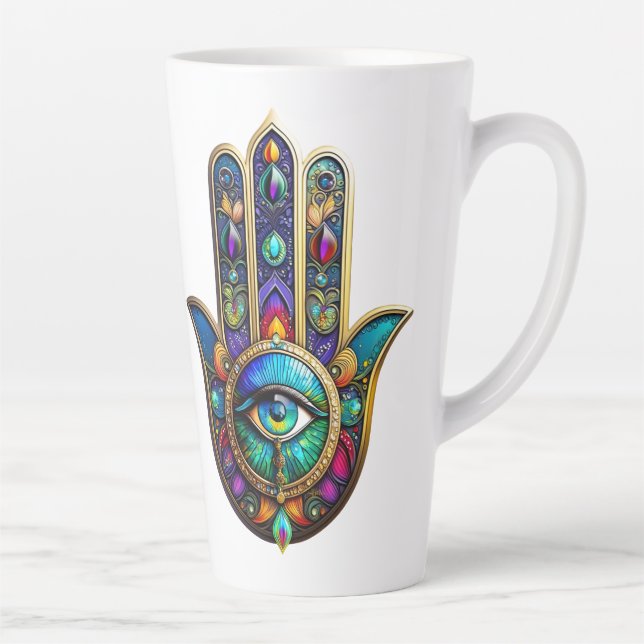 Caneca De Café Latte Cores Vibrantes Hamsa Turquesa Terceiro Olho Amare (Direita)