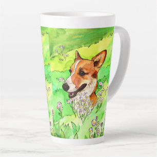 Caneca De Café Latte Corgi Adorável Numa Aquarela De Campo Flor