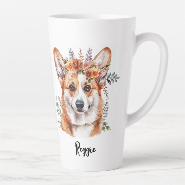 Caneca De Café Latte Corgi Dog Design de sublimação floral (Direita)