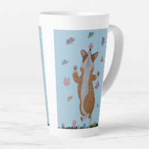 Caneca De Café Latte Corgi Galês Dançando com Borboletas