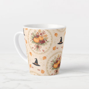 Caneca De Café Latte Coroa de Halloween Outonal Retro com Abóboras e Fr