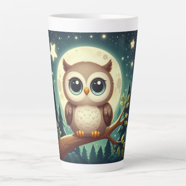 Caneca De Café Latte Coruja-bebê bonita à noite com lua (Frente)