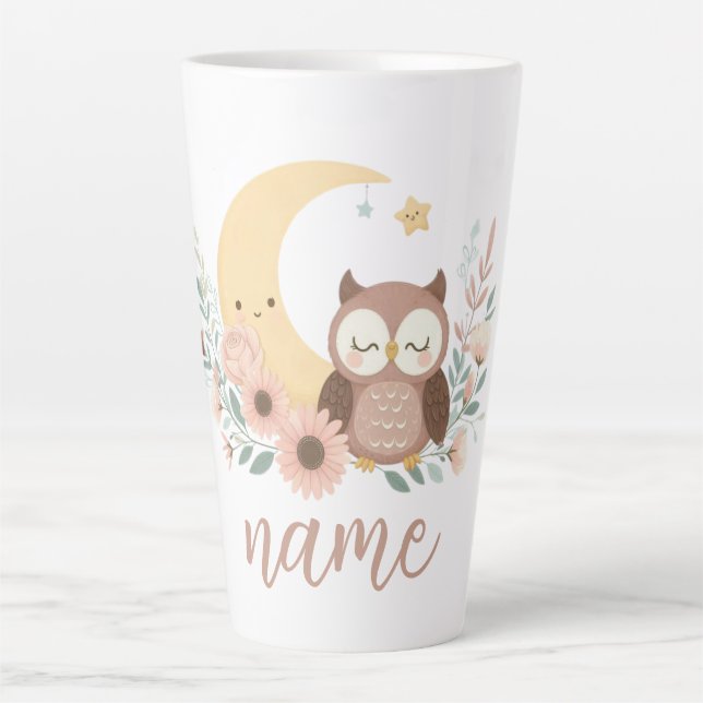 Caneca De Café Latte Coruja-bebê bonita com lua (Frente)
