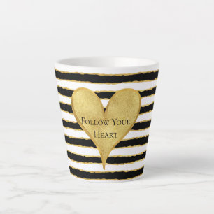 Caneca De Café Latte Cota Dourada Black White Stripes Heart