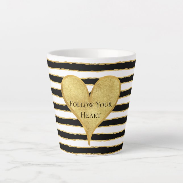 Caneca De Café Latte Cota Dourada Black White Stripes Heart (Frente)