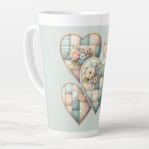 Caneca De Café Latte Cottagecore Pastel de Cores Retalhos Corações