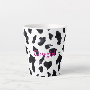 Caneca De Café Latte Cowgirl com Estampa de Vaca Preto e Branco