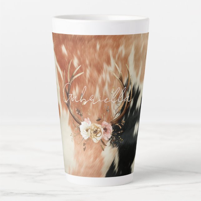 Caneca De Café Latte Cowgirl Cowhide Floral Deer Antlers (Frente)