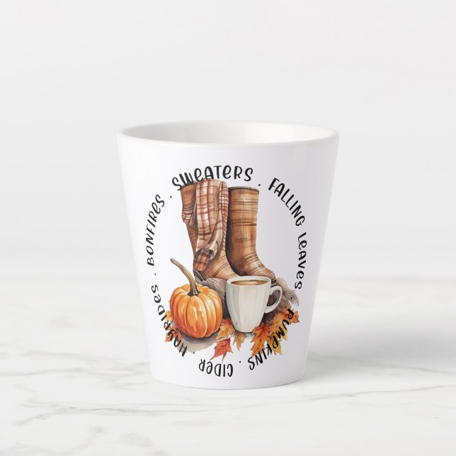 Caneca De Café Latte Cozy Fall Vibes - Boots, Pumpkin Spice, Bonfire (Frente)